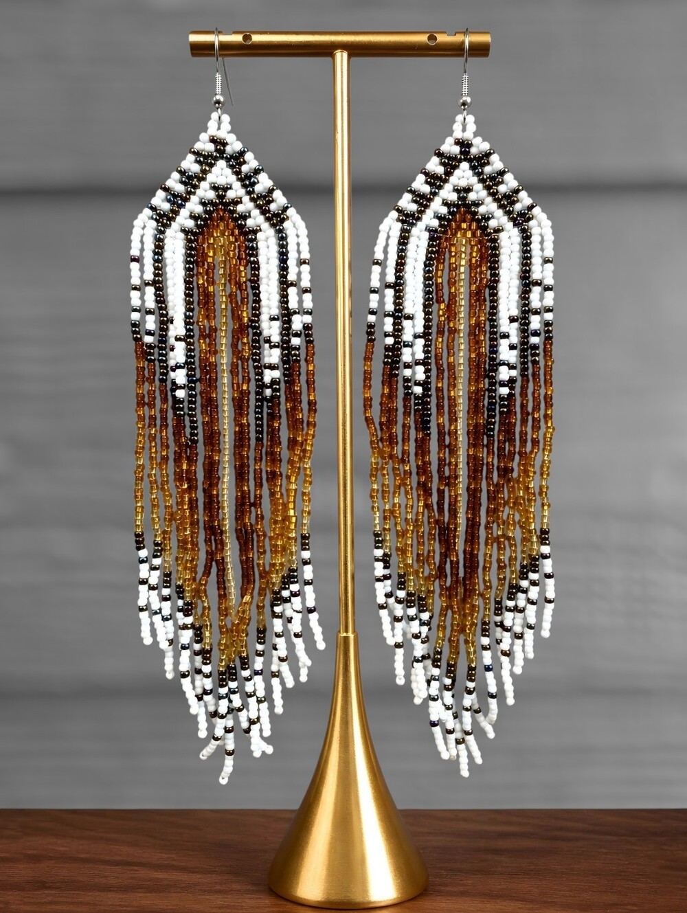 Bronze Dream Boho Fringe Beaded Earrings Southwestern Jewelry - Brown White